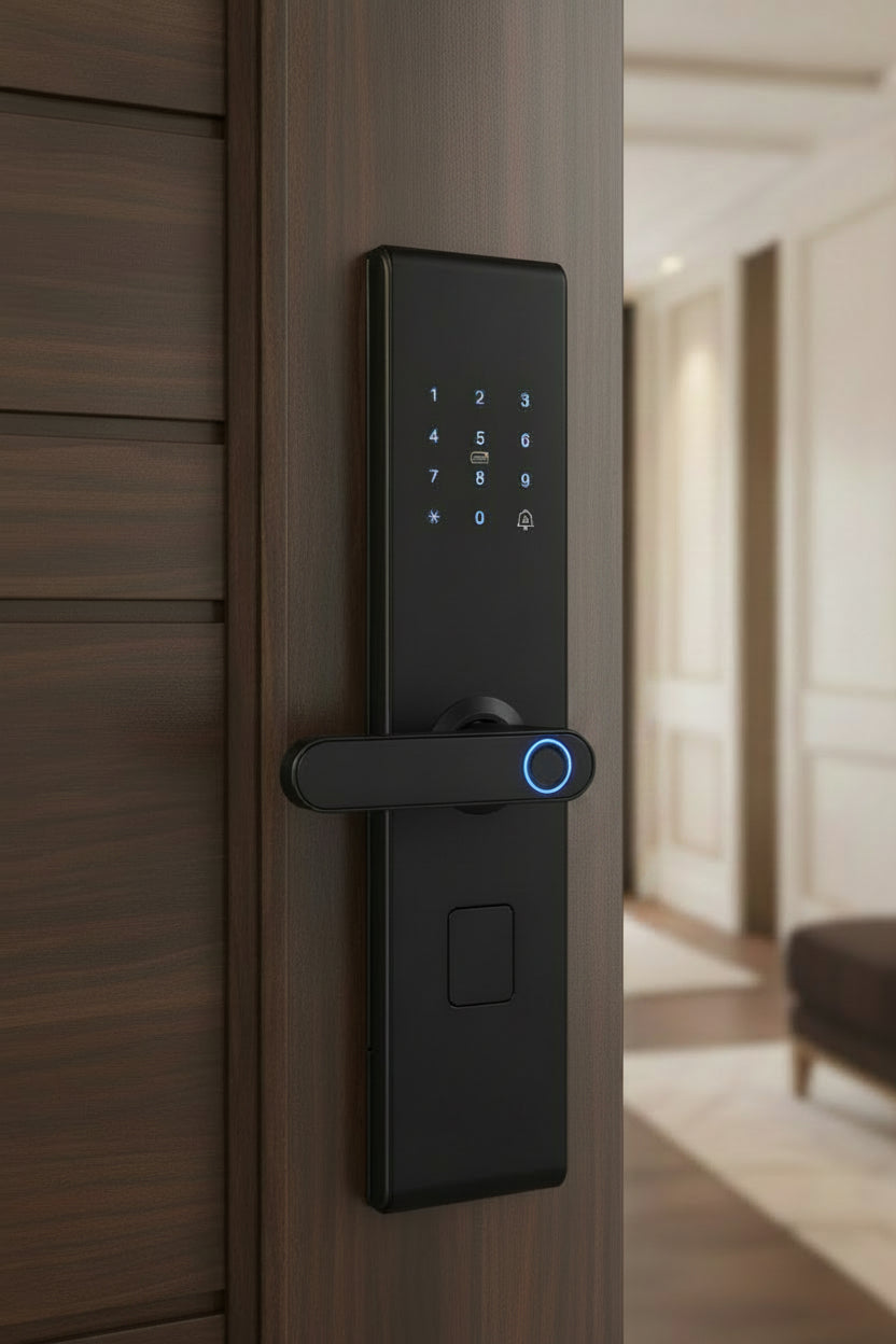 Cerradura Inteligente S8 Mate negro con huella digital, RFID, app y clave para acceso seguro rápido