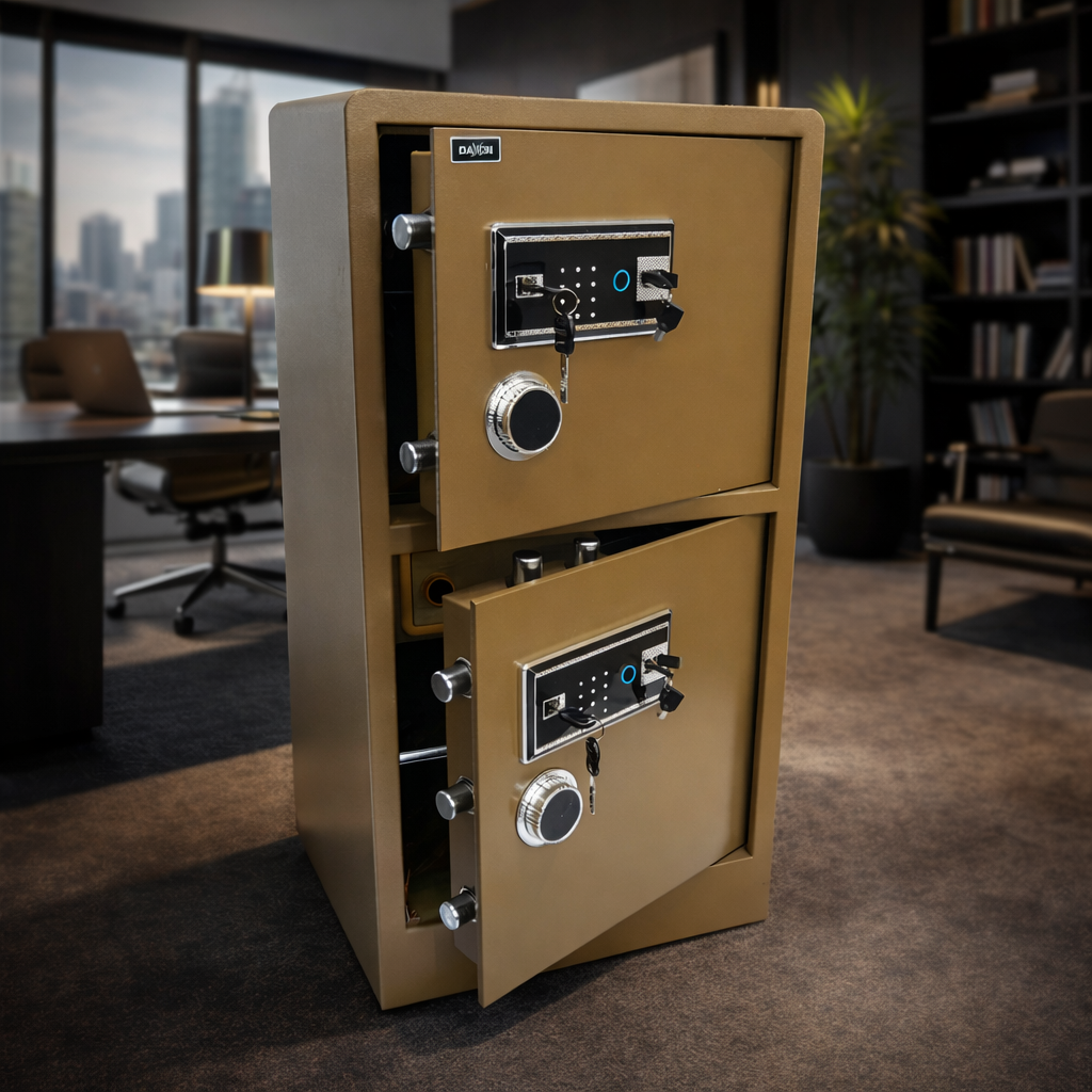 Caja fuerte DXF100 biométrica con doble compartimento y acceso por huella dactilar, código digital y llave para alta seguridad en hogar y oficina