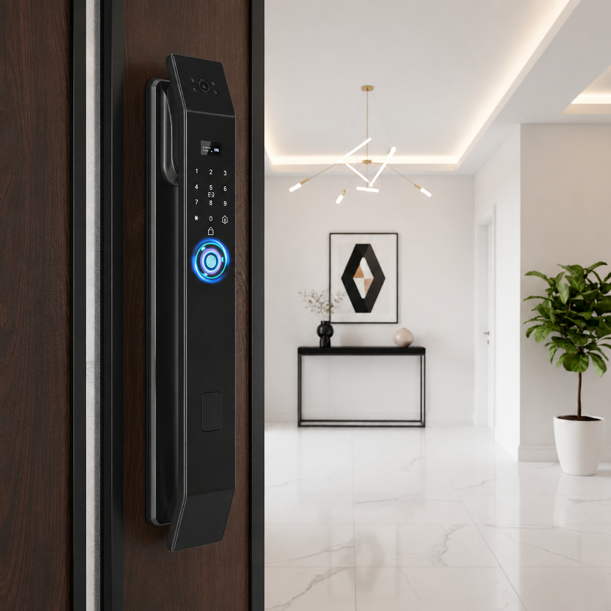 Cerradura inteligente Fortress S15 Face con reconocimiento facial, huella dactilar y control remoto para máxima seguridad en hogares y negocios.